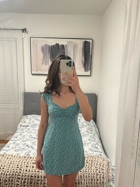 Aeropostale Green Floral Mini Dress - Tie Back & Ruched Bust (Size S)
